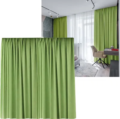 A collage showing a close-up of a green curtain in the foreground and a room with green curtains, a desk, and a chair in the background.