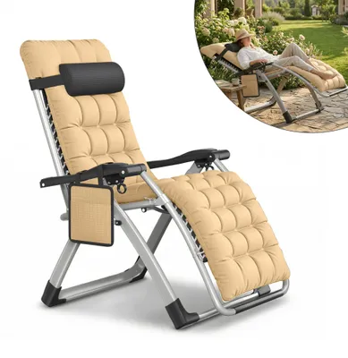 Obrázek produktu pro XMTECH Skládací zahradní lehátko s polstrováním a polštářem na hlavu, nosnost 160 kg, nastavení sklonu 90–170°, držák na nápoje, odolné proti povětrnostním vlivům, ocel, béžová