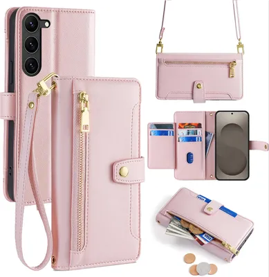 Produktbild von Handykette Samsung Galaxy S26+ Hülle mit Band Handyhülle Kartenfächer Kunstleder Umhängetasche in Rosa