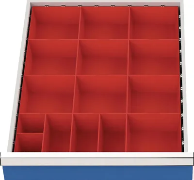 Produktbild von Schubladenunterteilungsmaterial Front-H.75-100mm 15 Kleinteilekästen