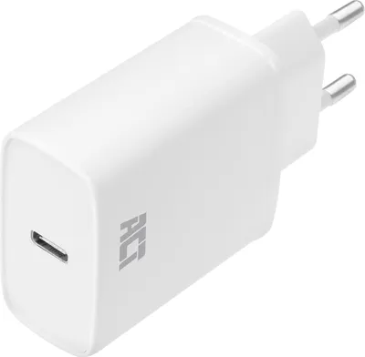 A white USB-C charger with a European plug.