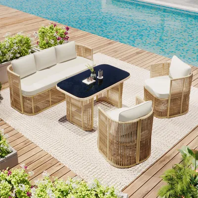 Image de Ensemble de mobilier de jardin en rotin synthétique 4 pièces – canapé 3 places, 2 fauteuils et table en verre, salon d'extérieur avec coussins en polyester et structure en acier, pour terrasse et balcon