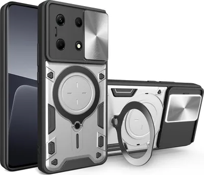 Produktbild von Handyhülle für Infinix Note 30 5G/4G Dual-Layer Stoßfest Rüstung Hülle mit Dia Kameraschutz und Kreisförmig Ring Ständer Silber