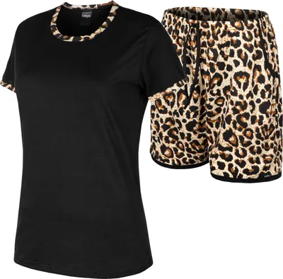 Produktbild von HEYO Damen Schlafanzug Kurz Baumwolle Zweiteiliger Pyjama Set T-Shirt & Shorts mit Taschen Sommer Nachtwäsche Leopard L