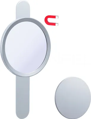 A silver cosmetic mirror with a magnetic attachment and a separate magnetic plate, along with a small red horseshoe magnet.
