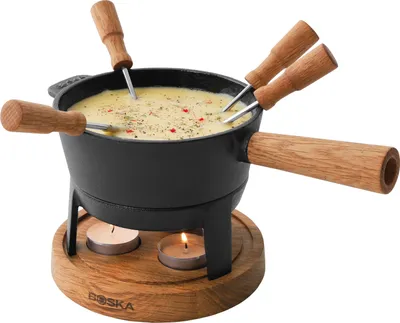 Produktbild von Boska Fondueset Pro S - Fondue set - Käsefondue - Geeignet für Brennpaste - Käsefondue Teelichter mit Stil - 2 bis 4 Personen - 700 ml Inhalt - Ink. Fonduegabeln - Stabile, Eichenholz und Edelstahl