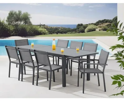 Produktbild von SABAIDECO Essgruppe für 8 Personen, Gartentisch 180–240 cm ausziehbar (Aluminium/Glas) mit 2 Sesseln und 6 Stühlen, grau