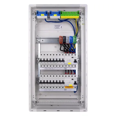An electrical distribution box with internal components and wiring.
