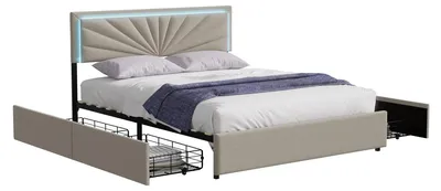 Productafbeelding van Gestoffeerd bed - Tweepersoonsbed - LED-hoofdeinde - 4 lades - Lattenbodem - Zonder matras - 160 x 200 cm - Beige