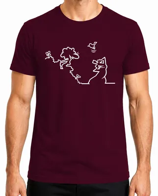 Zdjęcie produktu dla T-shirt męski, wzór "La Linea Balum Strichmännchen" autorstwa Osvaldo Cavandoli, grafika, kolor burgundowy, rozmiar S