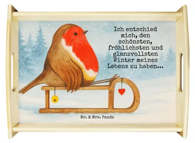 Produktbild von Mr. & Mrs. Panda Tablett Rotkehlchen Schlitten Design - Weiß - Geschenk, Weihnachten, Vogel, betttablett, Dekotablett, Wintermotiv, sofatablett, Servier, Serviertablett