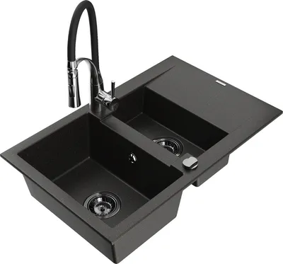 Produktbild von Mexen Gaspar 1,5-Becken-Granitspüle mit Abtropffläche und Mischbatterie Aster, Schwarz/Gold metallisch - 6507-75-73450-07-B