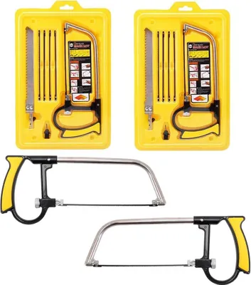 Produktbild von 2er Set Hand Bügelsäge Set für Holz & Metall | multifunktions Handsäge für Camping & Outdoor | 7 in 1 Mehrzweck Drahtsäge | Kappsägen mit 6x Sägeblatt für Metall, Glas, Fliesen & Holz | Laubsäge