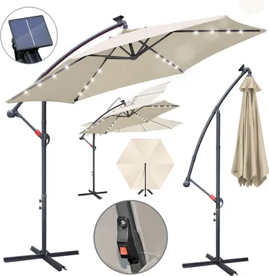 Produktbild von Faziango Sonnenschirm 3m Beige mit LED Licht, Gartenschirm mit Kurbel, UV 50+ Sonnenschutz, kippbar & stabil, inkl. Kreuzfuß, für Terrasse Garten