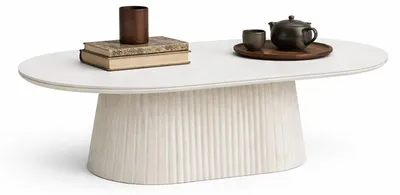 Produktbild von HOOZ® Couchtisch oval modern – Keramikplatte – Sofatisch 130x70 cm – Säulenfuß massive Mittelfuß Design – pflegeleicht & stabil - Kalk