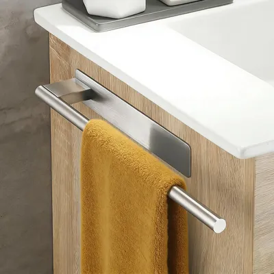 Image de Porte-serviettes sans perçage, en acier inoxydable argenté, à un bras, autocollant, 39 cm, avec 2 autocollants, pour la cuisine et la salle de bain, à fixer au mur