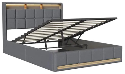 Obrázok produktu pre Čalúnená posteľ – hydraulický úložný priestor – LED osvetlenie – USB port – rošt – 140 x 200 cm – sivá