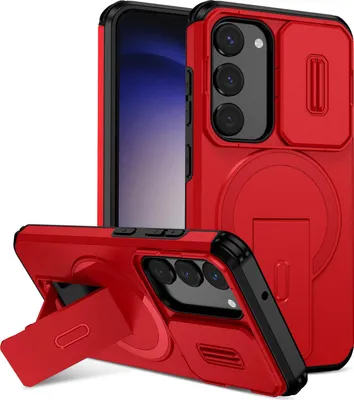 Obrázek produktu pro Magnetické pouzdro pro Samsung Galaxy S23, dvouvrstvé odolné pouzdro s posuvnou ochranou fotoaparátu a nastavitelným stojánkem Červená