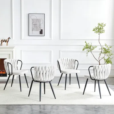 Immagine prodotto di okwish: sedia da pranzo moderna con schienale intrecciato, sedia da cucina con gambe in metallo, design ergonomico, sedia da cucina beige e nera