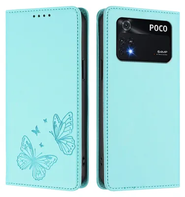 Produktbild von Lederhülle für Xiaomi Poco M4 Pro 4G, Schmetterling Prägung Leder Brieftasche Schutzhülle mit Ständer Türkis