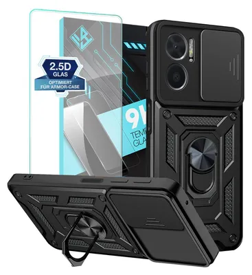 A black phone case and screen protector are displayed against a white background, with some marketing text and graphics.