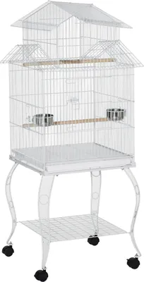Obrázek produktu pro Klec pro ptáky - S kolečky - 50 x 49 x 137 cm - Výsuvný podstavec - Krmné misky - Ocel, dřevo - Bílá barva