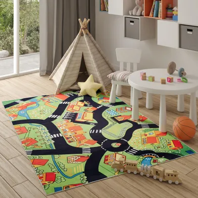 Produktbild von Teppich Kinderzimmer Grün Grau Straße Spielteppich 200 x 300 cm