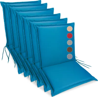 Produktbild von Sunnypillow Gartenstuhlauflagen, 6er Set, Blau, 100x50x9 cm, Niedriglehner, Modell OXFORD, wasserdicht, waschbar, abriebfest, reißfest, hautfreundlich, formstabil, elastisch, höchster Komfort, stabile Befestigung mit Bändern, für Innen- & Außenbereich, Kaltschaum RG 25kg/m³, Vlieswatte 200g/m², passend für Garten-, Küchen- & Esszimmerstühle.