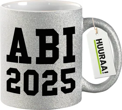 Produktbild von Huuraa Glitzertasse ABI 2025 Abitur 330ml Silber Keramik Kaffeebecher Geschenkidee