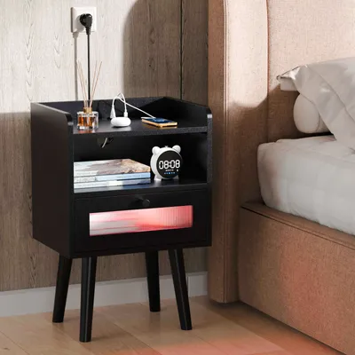 Produktbild von LED Nachttisch mit Steckdose,Beistelltisch mit offener Schublade,Sofatisch Nachtschrank  für Schlafzimmer, Wohnzimmer 40x30x61cm Schwarz