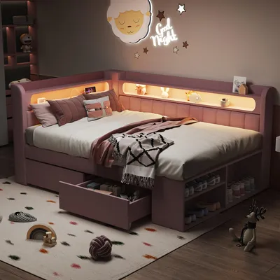 Obrázek produktu pro Rozkládací pohovka Flieks 90 x 200 cm s USB, denní postel pro mládež s LED osvětlením, jednolůžko ze dřeva se zásuvkami a botníkem, dětská postýlka v růžové barvě
