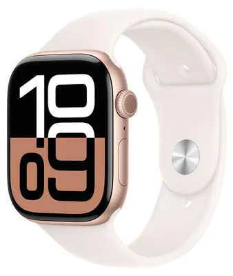 Image de Apple Watch Series 10, GPS, 46 mm, boîtier en aluminium rose doré, bracelet Sport rose pâle, taille S/M