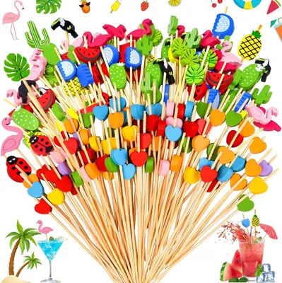 Imagen del producto de Palillos de bambú para cócteles, 200 unidades, con formas coloridas, ideales para fiestas