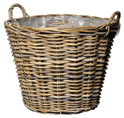 Produktbild von Rattan Pflanzkorb natur mit Henkeln - 42 cm - Weide Blumenkorb mit Folie - Garten Deko Flechtkorb