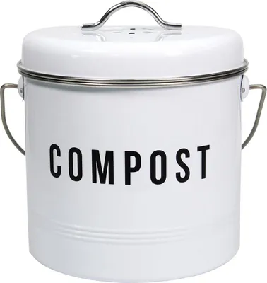 A white compost bin with black lettering.