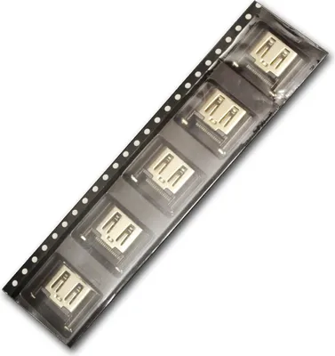 A strip of HDMI connectors on a white background.