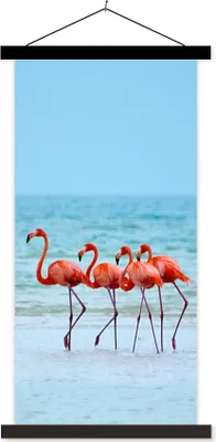 Produktbild von MuchoWow® Textilposter Vier Flamingos stehen am Strand 40x80 cm mit schwarzem Rahmen - Wandemalerei
