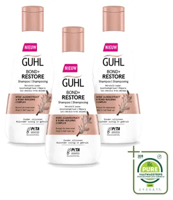 Zdjęcie produktu dla 3 sztuki szamponu Guhl Bond+ Restore do włosów zniszczonych - 250 ml - opakowanie zbiorcze