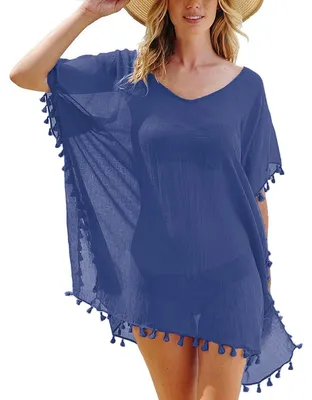 Produktbild von Risipu Damen Strandponcho Sommer Bikini Badeanzug Cover Up Strandkleid mit Quast