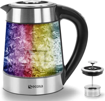A glass electric kettle with a rainbow-colored interior and a separate tea infuser.