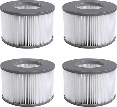 Four identical white and gray cylindrical water filters are arranged in a two-by-two grid against a white background.