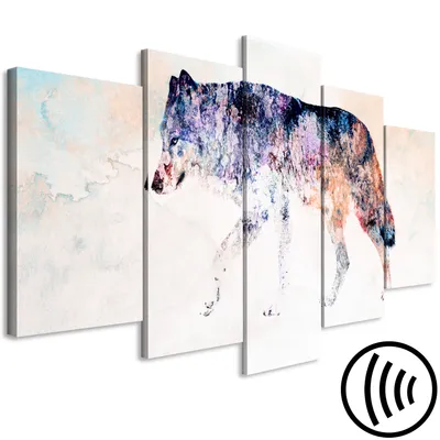 Produktbild von Akustikbild Tier 200x100 cm Bilder Hochleistungsschallabsorber Schallschutz Vlies Leinwand Akustikdämmung 5 tlg Wandbild Raumakustik Schalldämmung Wolf Abstrakt g-A-0248-b-m