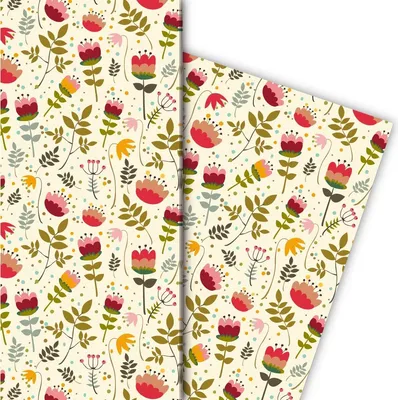 Produktbild von Schönes Blumen Geschenkpapier im Retro Design, rot - G8132, 32 x 48cm