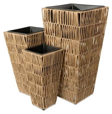 Produktbild von di volio Pflanzkübel Set TASULO 3 hohe quadratische Polyrattan Töpfe Braun