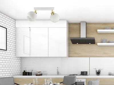 A modern kitchen with white cabinets, a wooden backsplash, and a stainless steel range hood. A dining table with chairs is visible in the foreground.