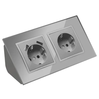 Produktbild von Glas Ecksteckdose Steckdose und Steckdose mit USB-C Steckdosenblock 45° Verteilerdose silber.