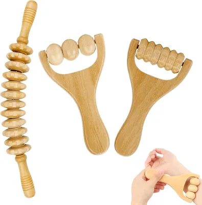 Produktbild von Set mit 3 Massagerollen aus Holz für den Rücken, für effektive Muskelentspannung und zur Linderung von Müdigkeit