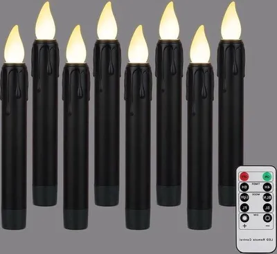 Immagine prodotto di Candele da tavolo a LED dimmerabili con fiamma mobile - Set di 8 candele nere con telecomando e timer - Fiamma tremolante - Alimentate a batterie - Candele da tavolo senza fiamma - Bianco caldo - 2 x 17 cm