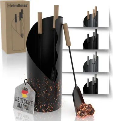 Produktbild von Heimfleiss Kaminbesteck Schwarz mit Holzgriffen – Hochwertiges Kaminzubehör, 4-teilig