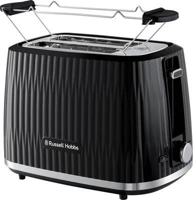 A black Russell Hobbs toaster with a chrome rack on top, shown against a white background.